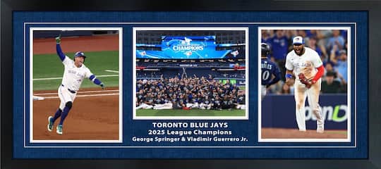 2025 ALCS Champions 15" x 33" Triple Framed w/ Vladimir Guerrero Jr and George Springer Celebration 8" x 10"